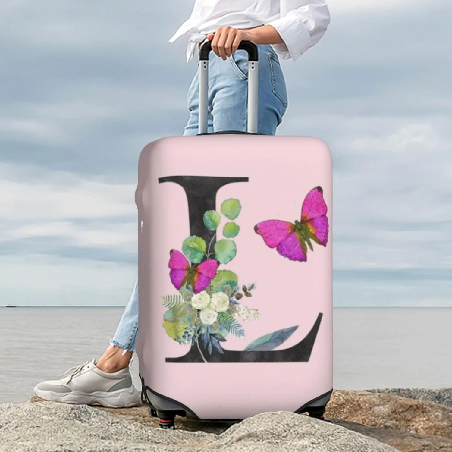 Luggage Cover Flower Butterfly Letter L Pink Suitcase Protector fits 18-32inch Travel Suitcase Cover Dustproof Washable with Concealed Zipper for Wheeled Suitcase LC944