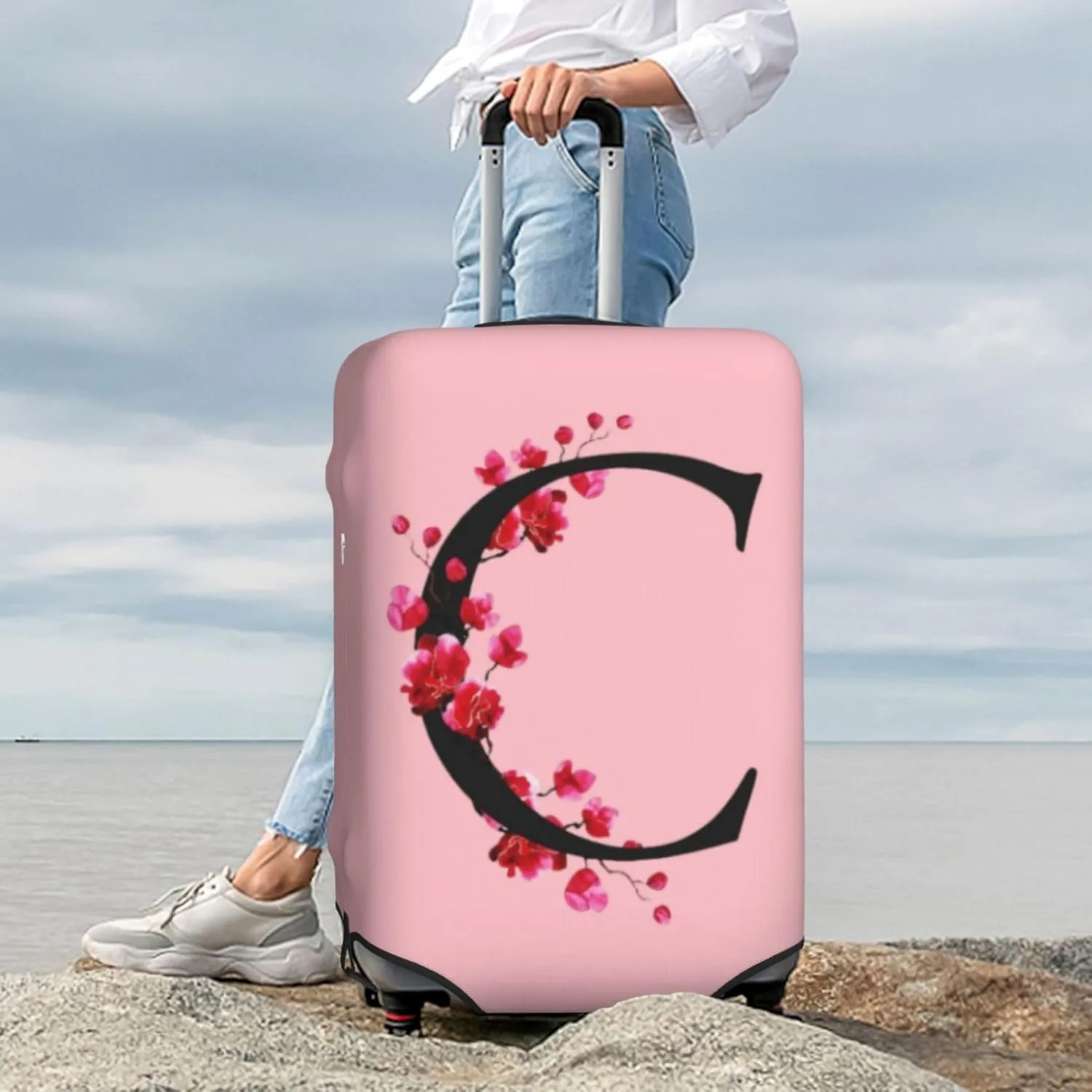 Luggage Cover Flower Letter C Pink Suitcase Protector fits 18-32inch Suitcase Cover Washable Dustproof with Concealed Zipper for Wheeled Suitcase LC116