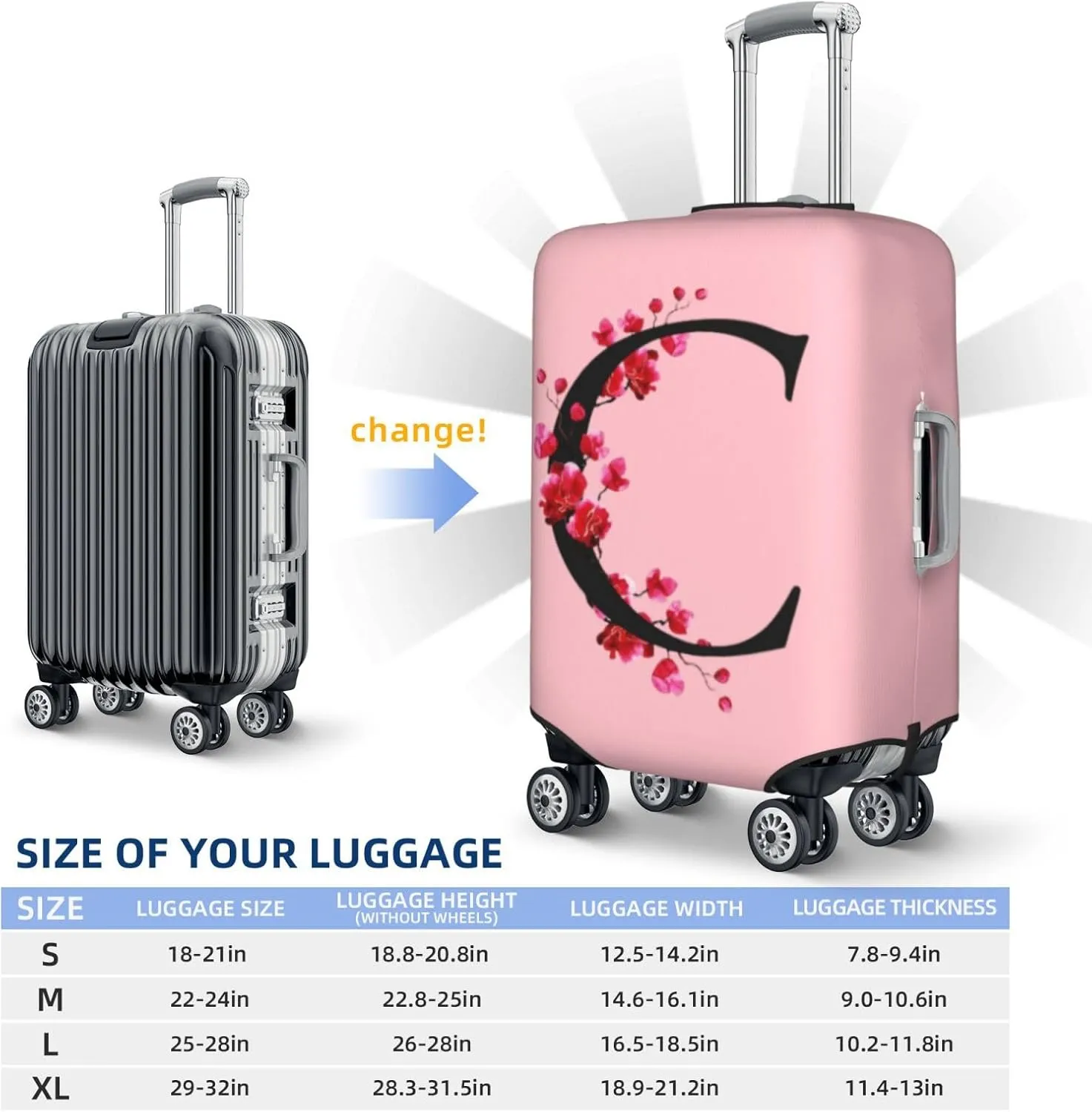 Luggage Cover Flower Letter C Pink Suitcase Protector fits 18-32inch Suitcase Cover Washable Dustproof with Concealed Zipper for Wheeled Suitcase LC116