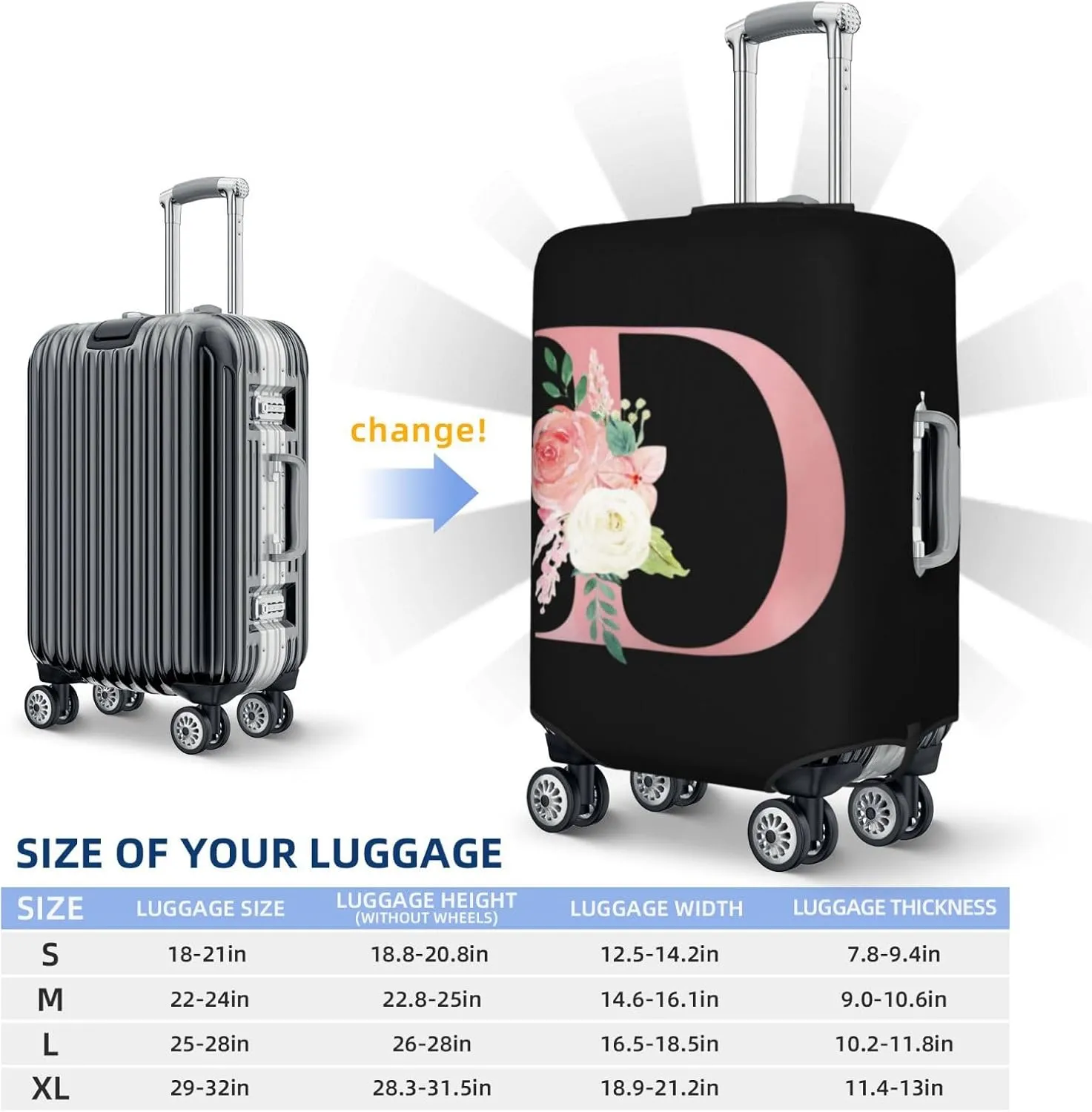 Luggage Cover Flower Letter D Black Suitcase Protector fits 18-32inch Travel Suitcase Cover Washable Dustproof with Concealed Zipper for Wheeled Suitcase LC1009