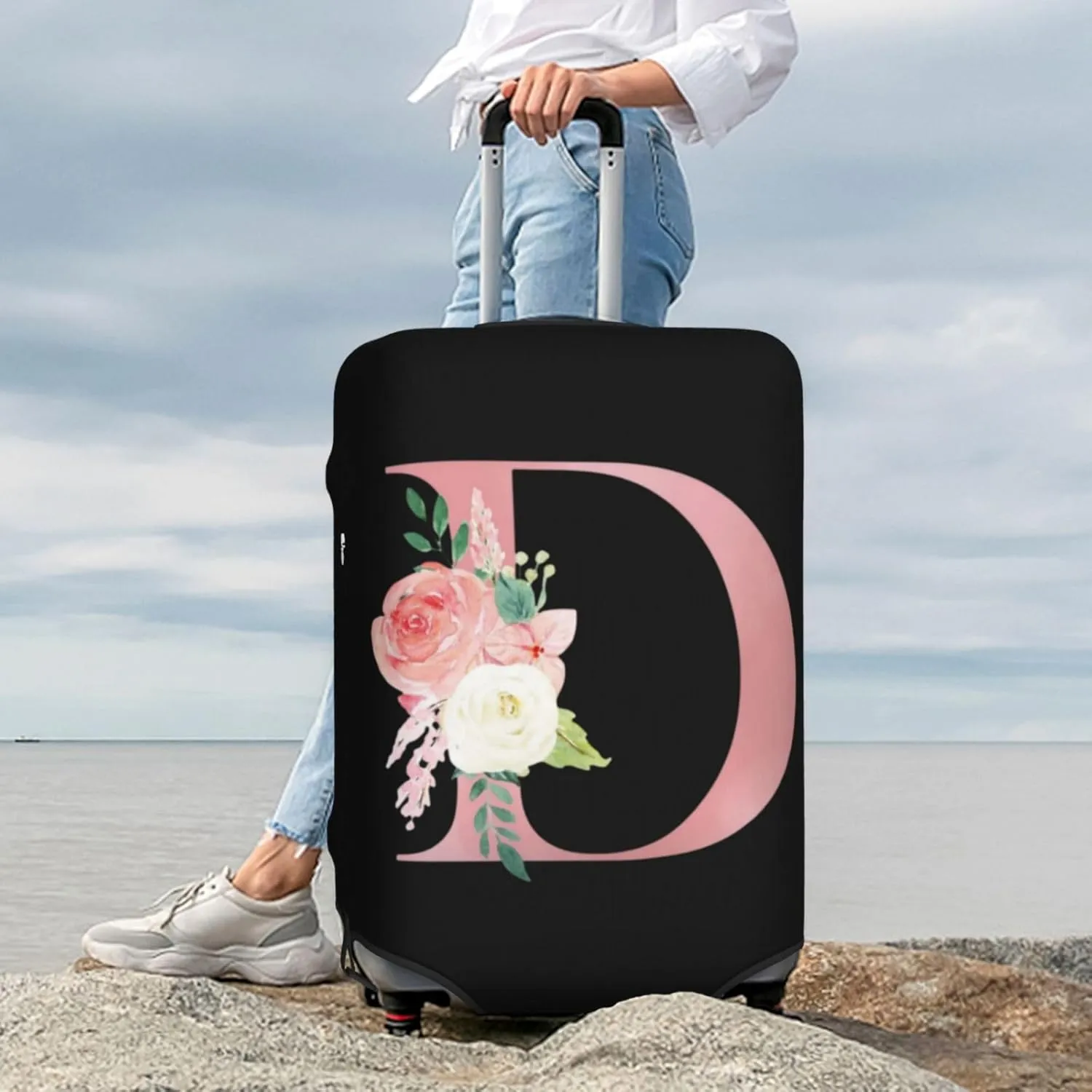 Luggage Cover Flower Letter D Black Suitcase Protector fits 18-32inch Travel Suitcase Cover Washable Dustproof with Concealed Zipper for Wheeled Suitcase LC1009
