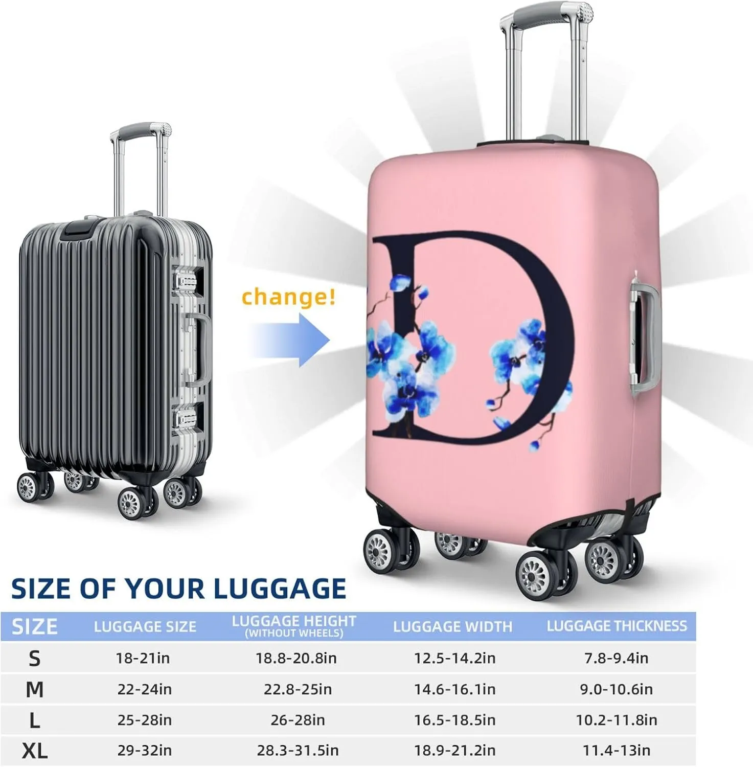 Luggage Cover Flower Letter D Pink Suitcase Protector fits 18-32inch Suitcase Cover Washable Dustproof with Concealed Zipper for Wheeled Suitcase LC120