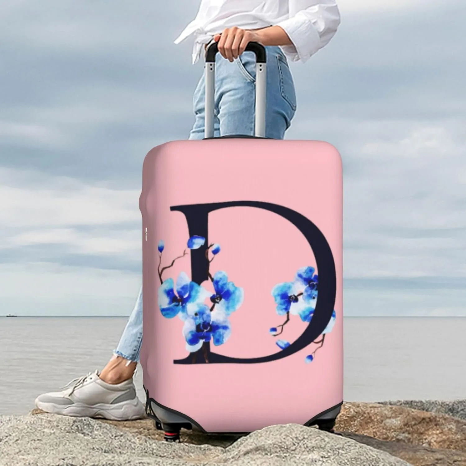 Luggage Cover Flower Letter D Pink Suitcase Protector fits 18-32inch Suitcase Cover Washable Dustproof with Concealed Zipper for Wheeled Suitcase LC120