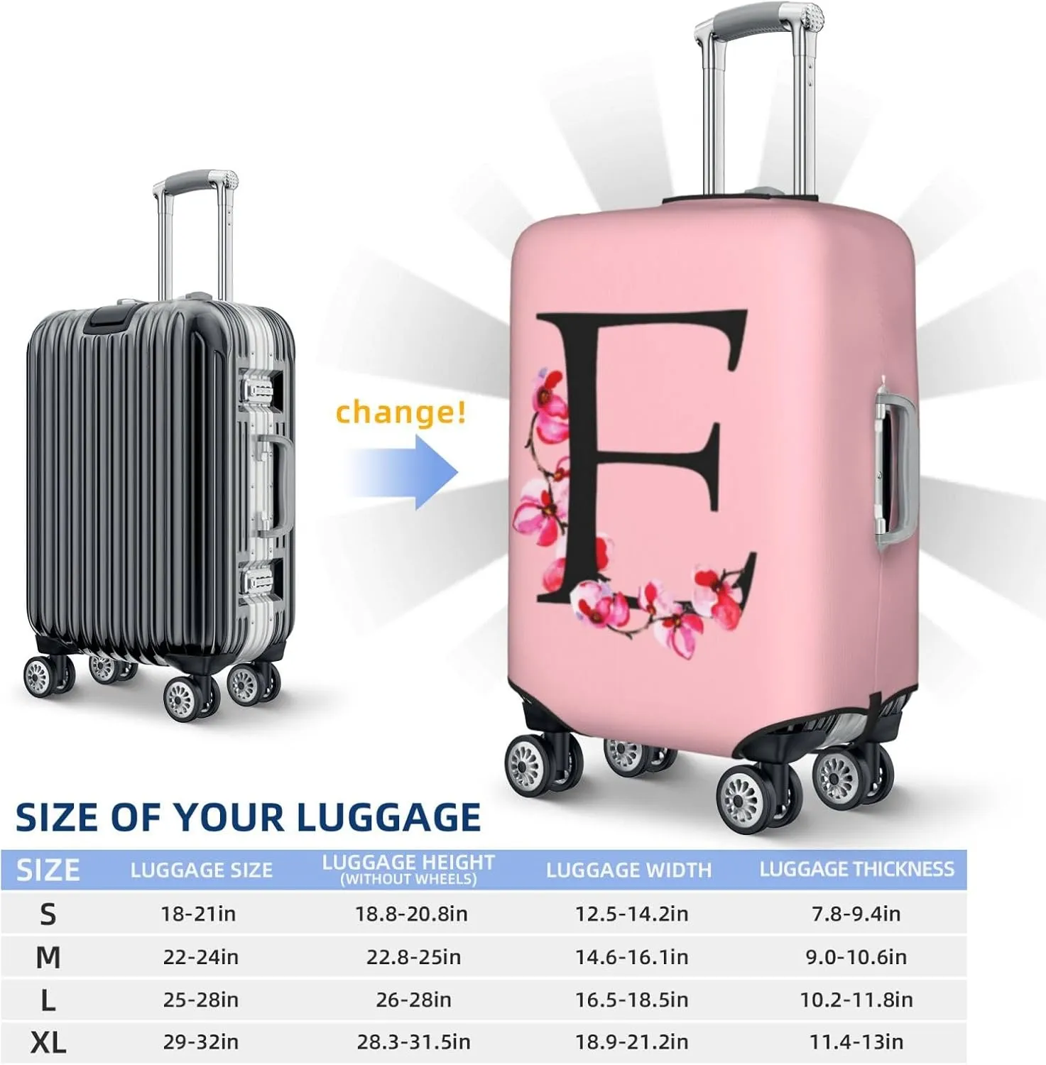 Luggage Cover Flower Letter E Pink Suitcase Protector fits 18-32inch Suitcase Cover Washable Dustproof with Concealed Zipper for Wheeled Suitcase LC124