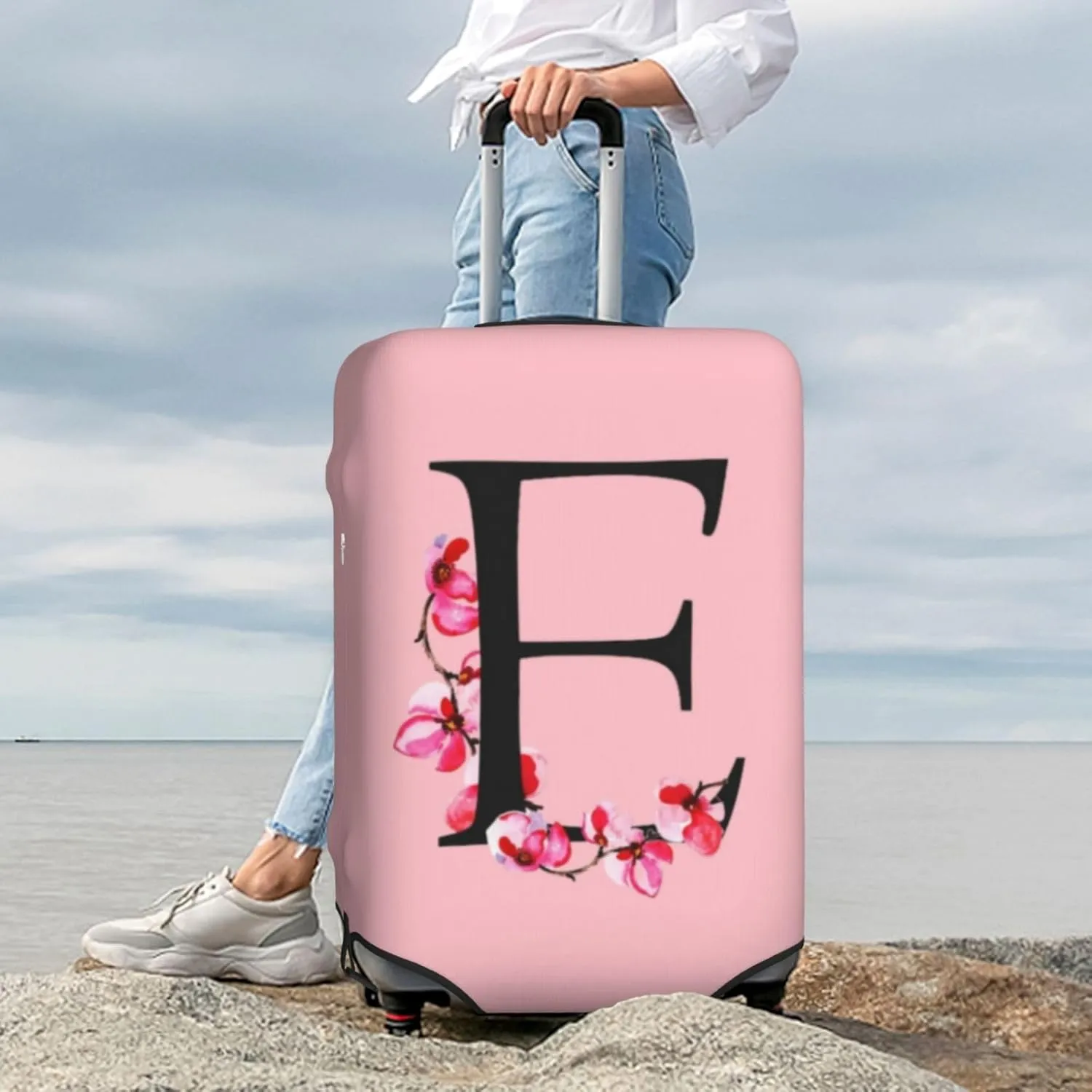 Luggage Cover Flower Letter E Pink Suitcase Protector fits 18-32inch Suitcase Cover Washable Dustproof with Concealed Zipper for Wheeled Suitcase LC124