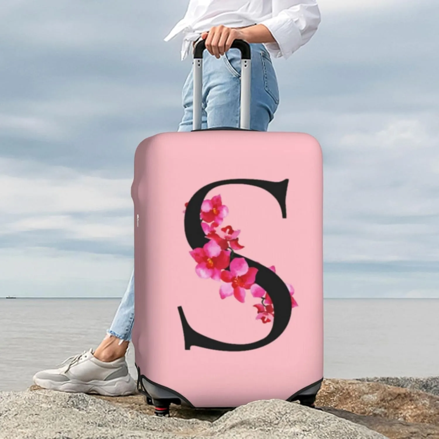 Luggage Cover Flower Letter S Pink Suitcase Protector fits 18-32inch Suitcase Cover Washable Dustproof with Concealed Zipper for Wheeled Suitcase LC179
