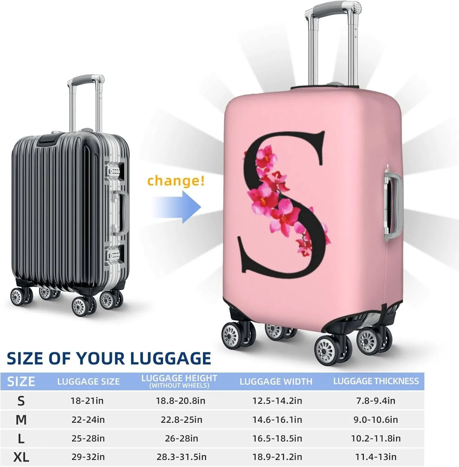 Luggage Cover Flower Letter S Pink Suitcase Protector fits 18-32inch Suitcase Cover Washable Dustproof with Concealed Zipper for Wheeled Suitcase LC179