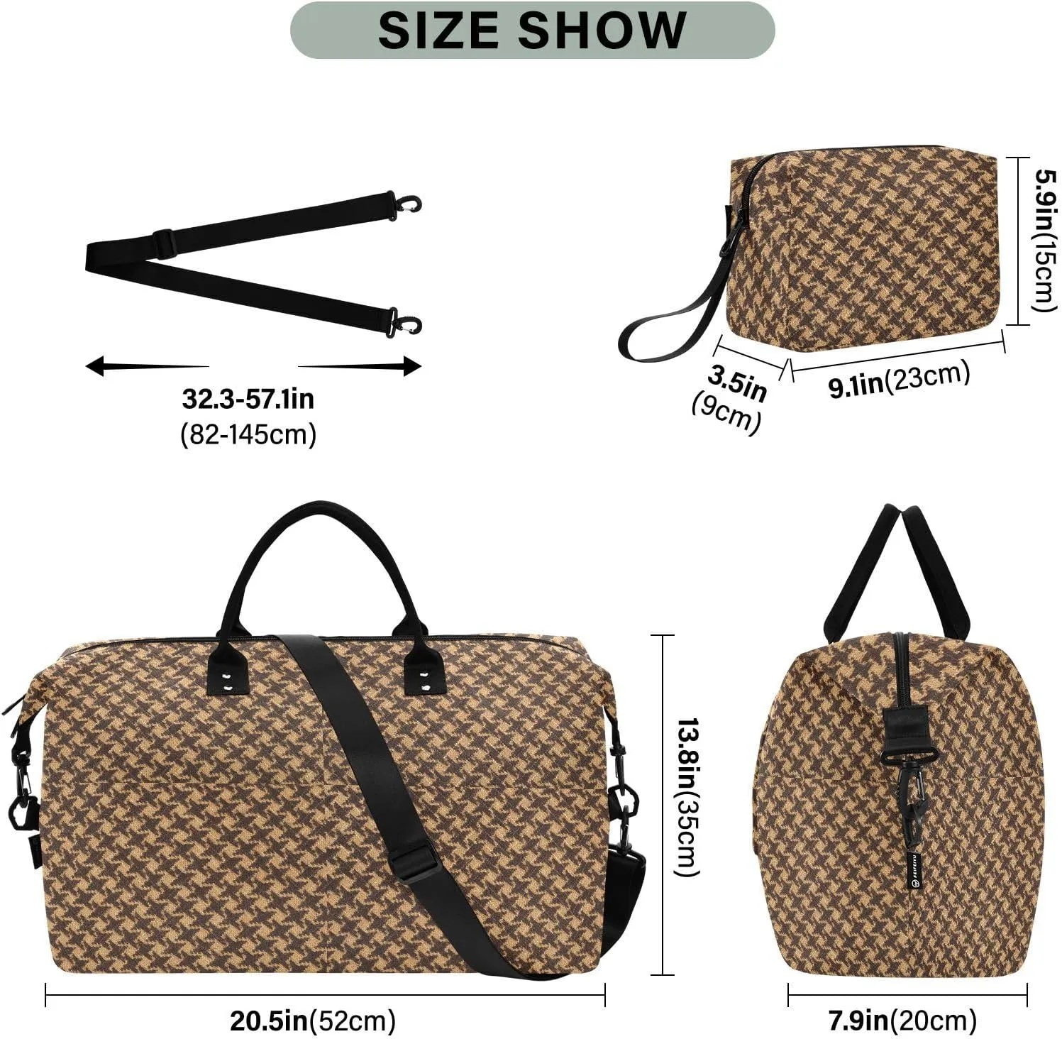 Luggage Travel Bag Brown Houndstooth Weekender Duffel Bag with Toiletry Bag Sports Duffel Bags for Gym Business Trips Large Capacity