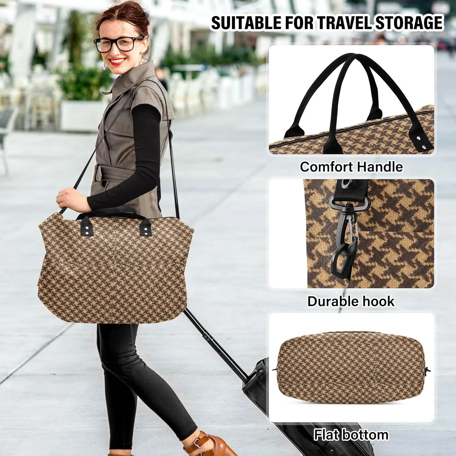 Luggage Travel Bag Brown Houndstooth Weekender Duffel Bag with Toiletry Bag Sports Duffel Bags for Gym Business Trips Large Capacity