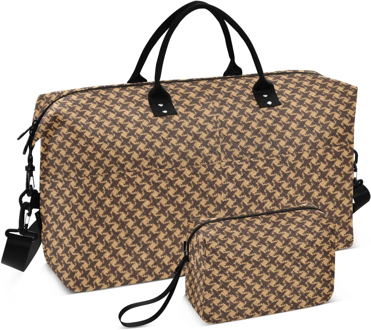 Luggage Travel Bag Brown Houndstooth Weekender Duffel Bag with Toiletry Bag Sports Duffel Bags for Gym Business Trips Large Capacity