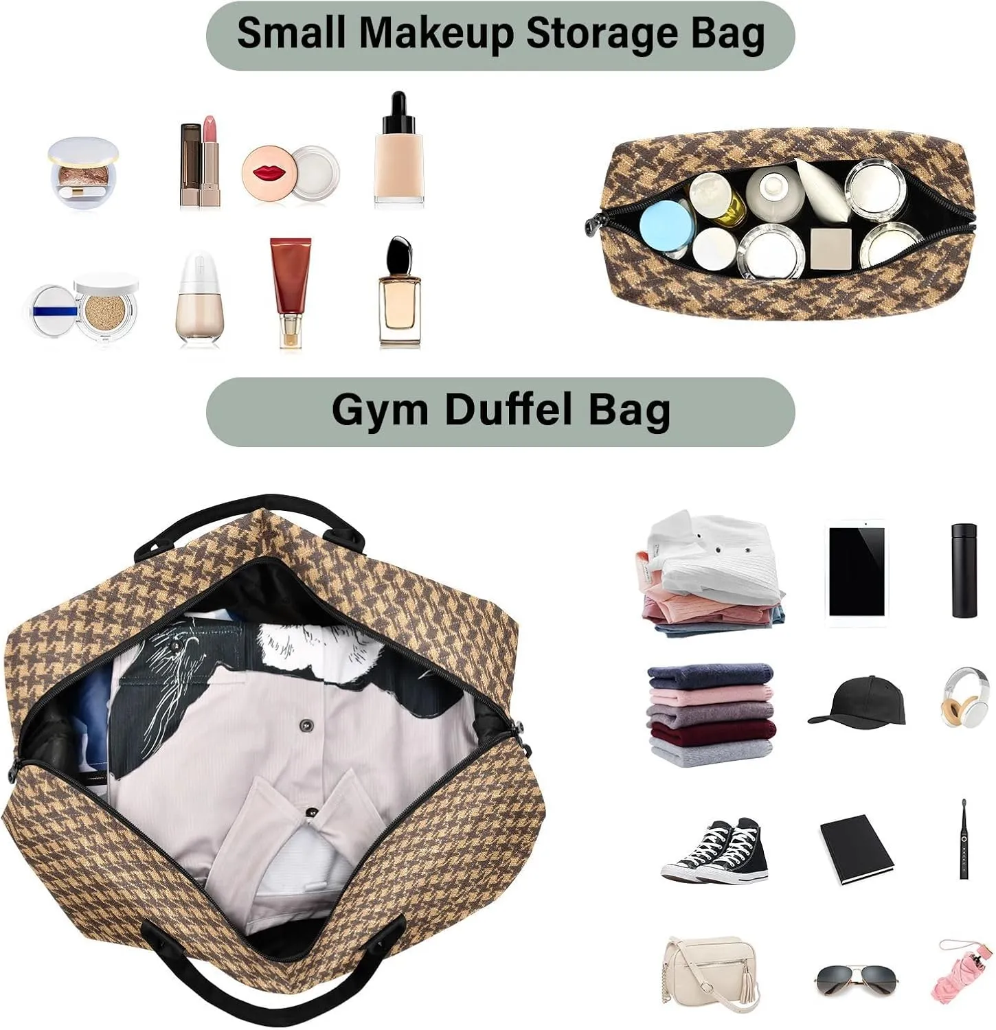 Luggage Travel Bag Brown Houndstooth Weekender Duffel Bag with Toiletry Bag Sports Duffel Bags for Gym Business Trips Large Capacity