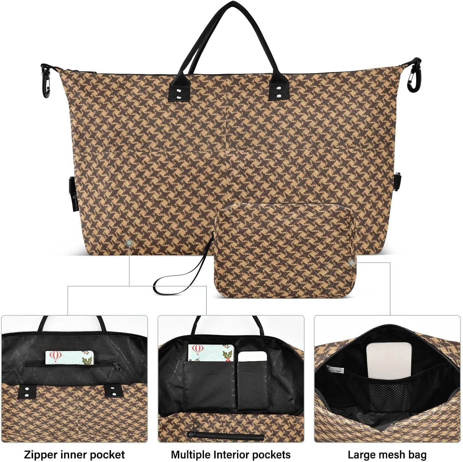 Luggage Travel Bag Brown Houndstooth Weekender Duffel Bag with Toiletry Bag Sports Duffel Bags for Gym Business Trips Large Capacity