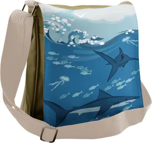 Lunarable Shark Messenger Bag, Sharks in Water with Octopus, Unisex Cross-body