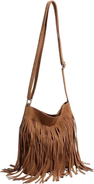 MakeMeChic Women's Faux Suede Crossbody Bag Fringe Adjustable Strap Vintage Handbag