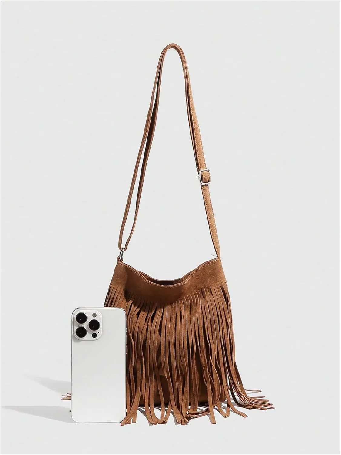 MakeMeChic Women's Faux Suede Crossbody Bag Fringe Adjustable Strap Vintage Handbag