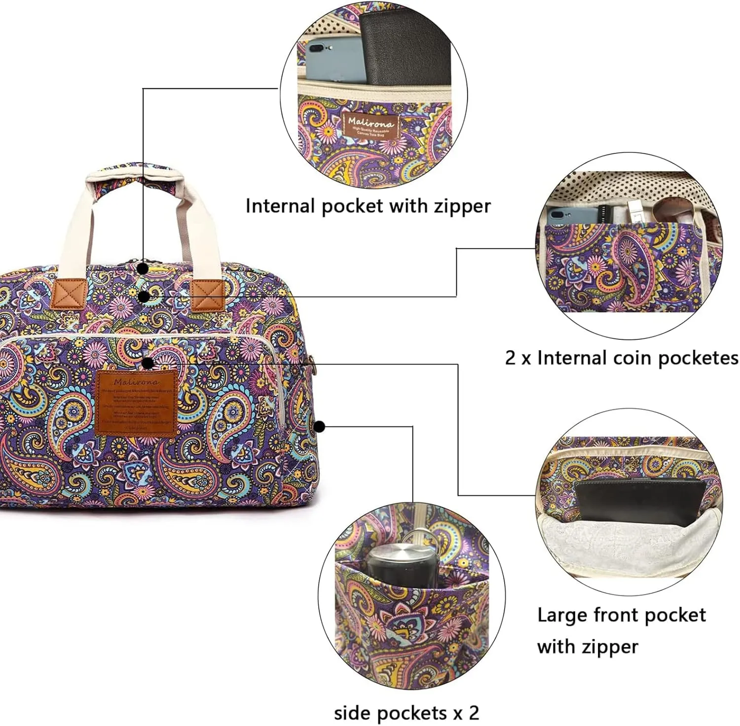 Malirona Canvas Overnight Bag Women Weekender Bag Carry On Travel Duffel Bag Floral