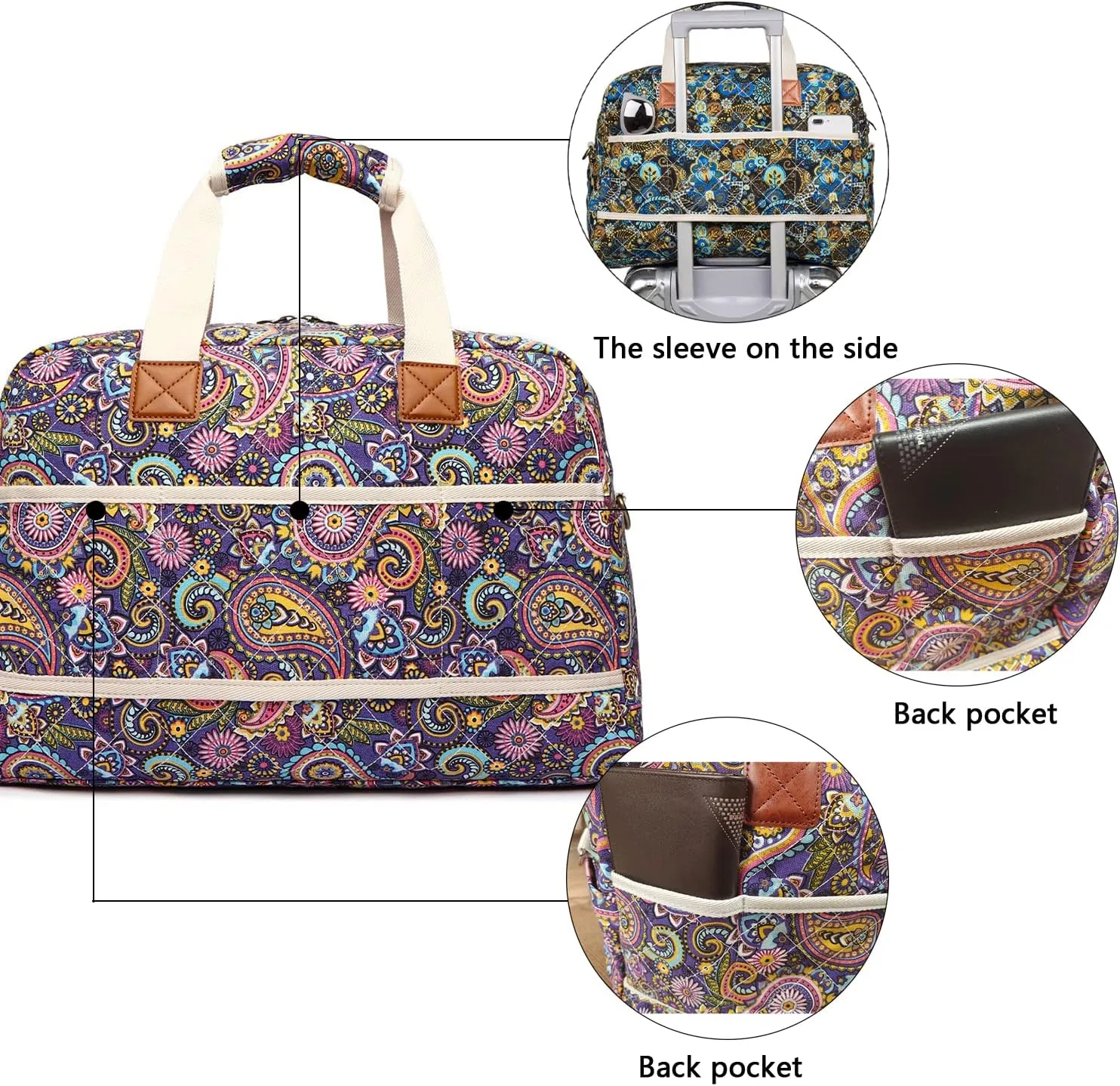 Malirona Canvas Overnight Bag Women Weekender Bag Carry On Travel Duffel Bag Floral