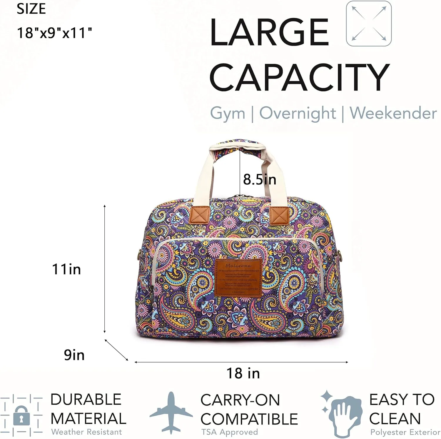 Malirona Canvas Overnight Bag Women Weekender Bag Carry On Travel Duffel Bag Floral