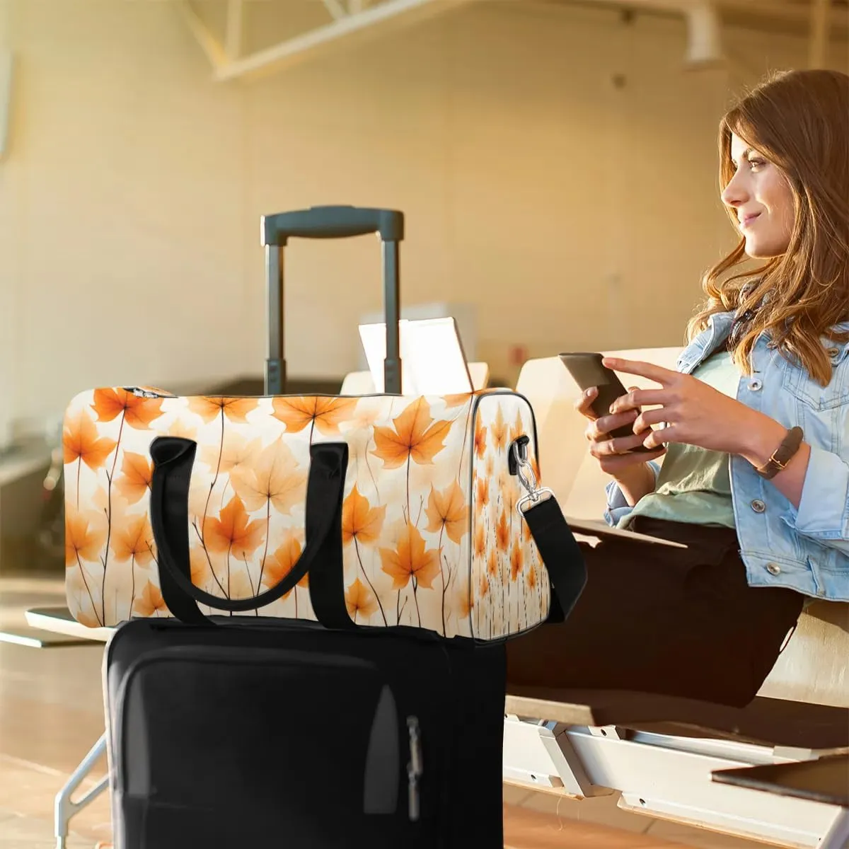 Maple Leaves Pattern Travel Duffel Bag for Women Men Waterproof Foldable Overnight Weekender Bag Large Capacity Sports Gym Bag