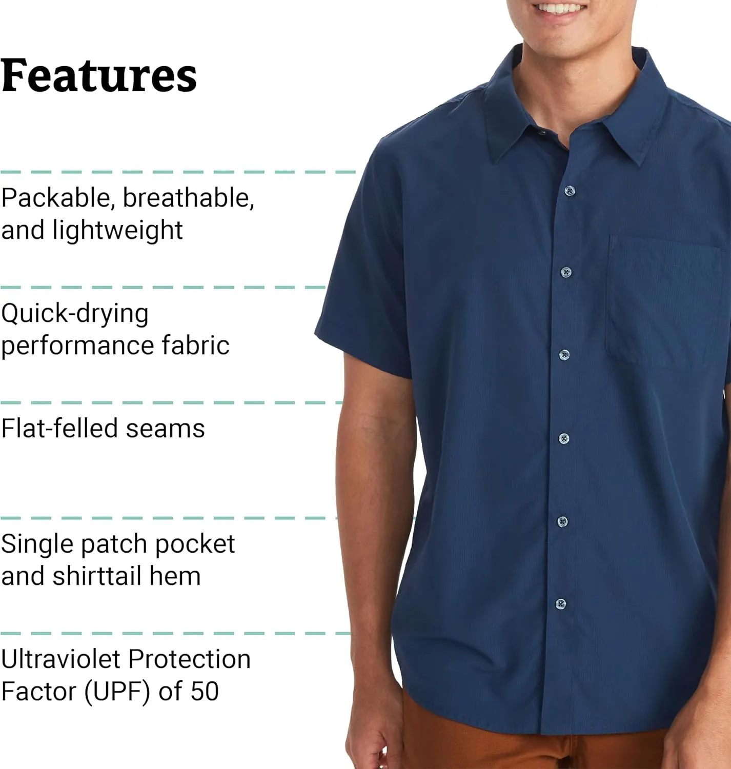 MARMOT Men's Aerobora Short Sleeve Button-Down Shirt - Lightweight, Packable, Quick-Drying UPF Protection