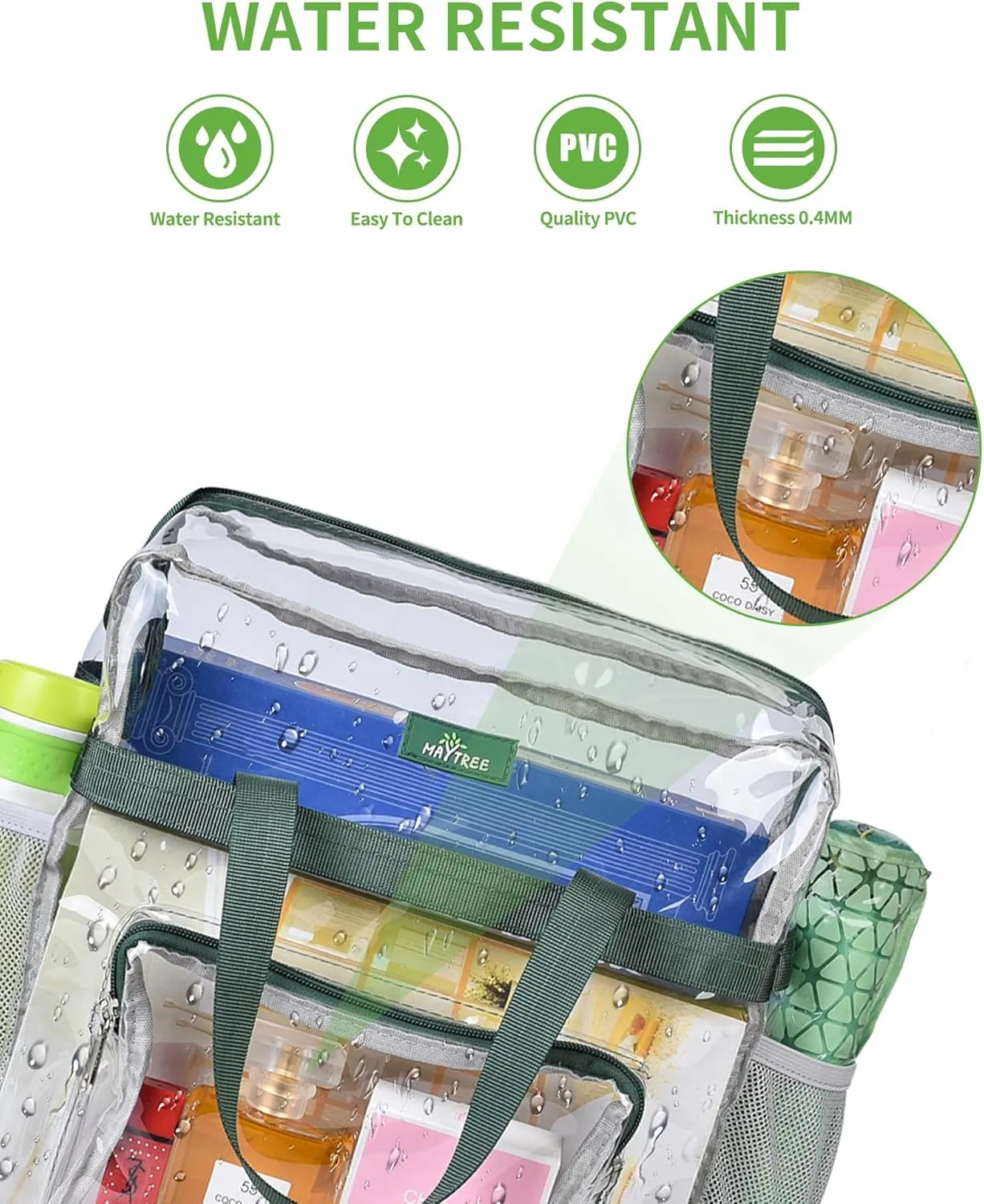 MAY TREE Clear Bag for Stadium Events 12×6×12 Clear Tote Lunch Bag with Reinforced Straps for Work and Sporting Events, Green