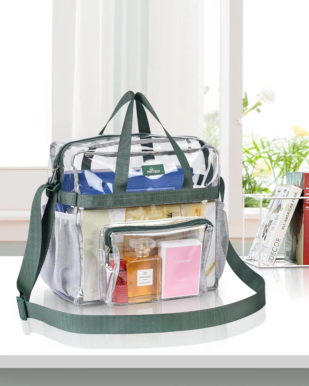 MAY TREE Clear Bag for Stadium Events 12×6×12 Clear Tote Lunch Bag with Reinforced Straps for Work and Sporting Events, Green