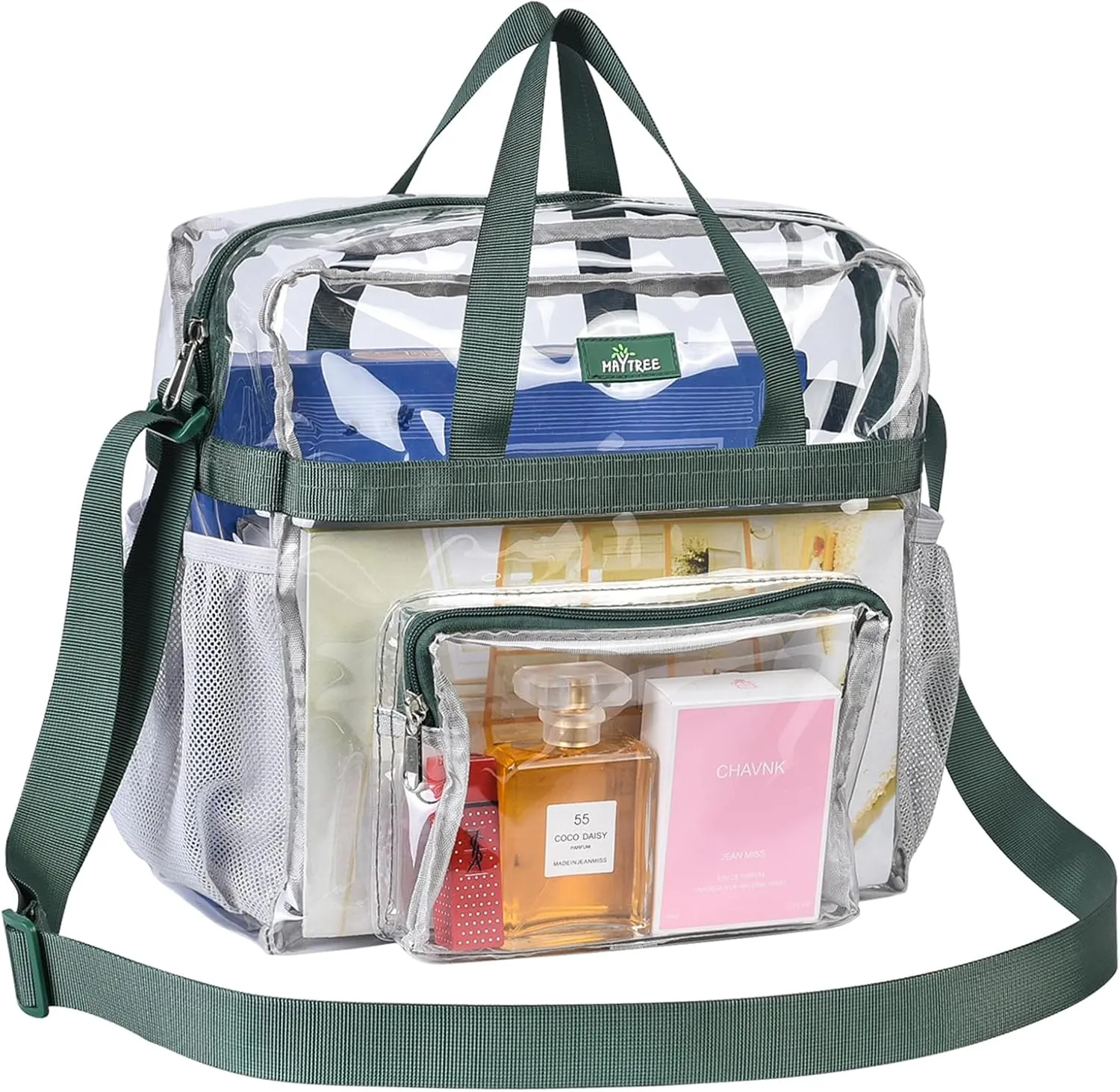 MAY TREE Clear Bag for Stadium Events 12×6×12 Clear Tote Lunch Bag with Reinforced Straps for Work and Sporting Events, Green