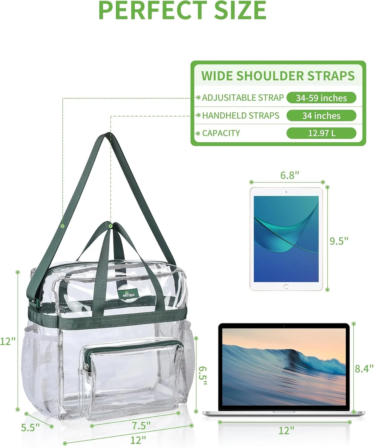 MAY TREE Clear Bag for Stadium Events 12×6×12 Clear Tote Lunch Bag with Reinforced Straps for Work and Sporting Events, Green