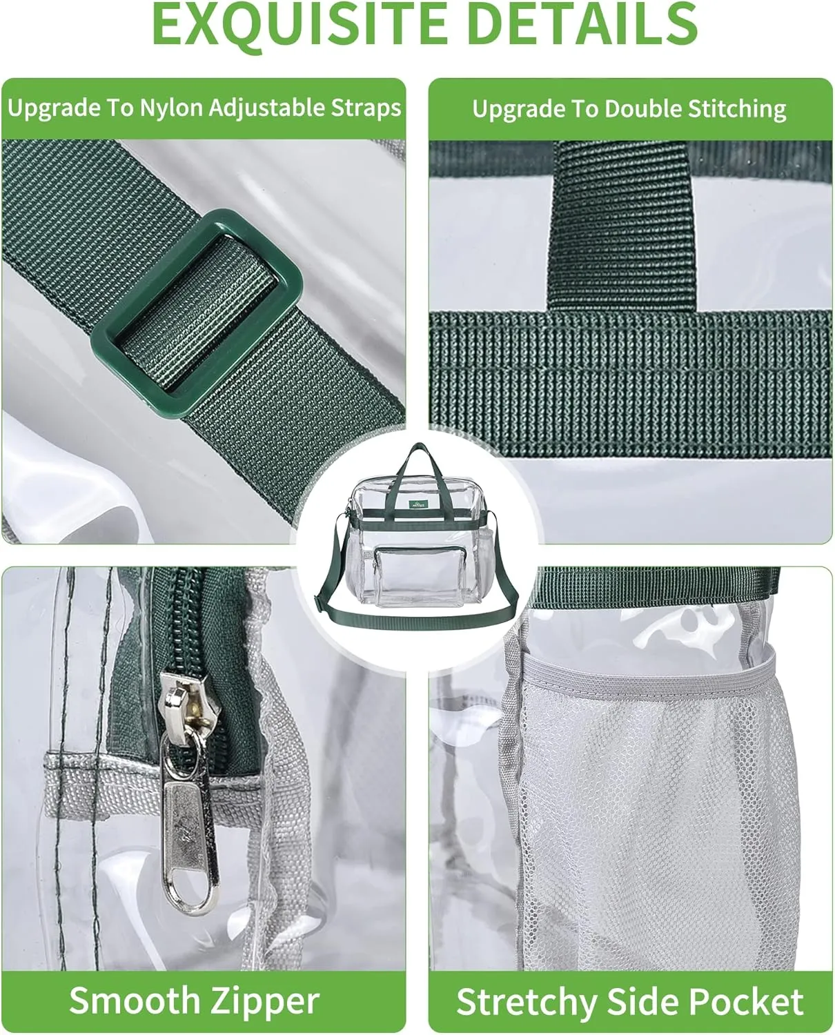 MAY TREE Clear Bag for Stadium Events 12×6×12 Clear Tote Lunch Bag with Reinforced Straps for Work and Sporting Events, Green