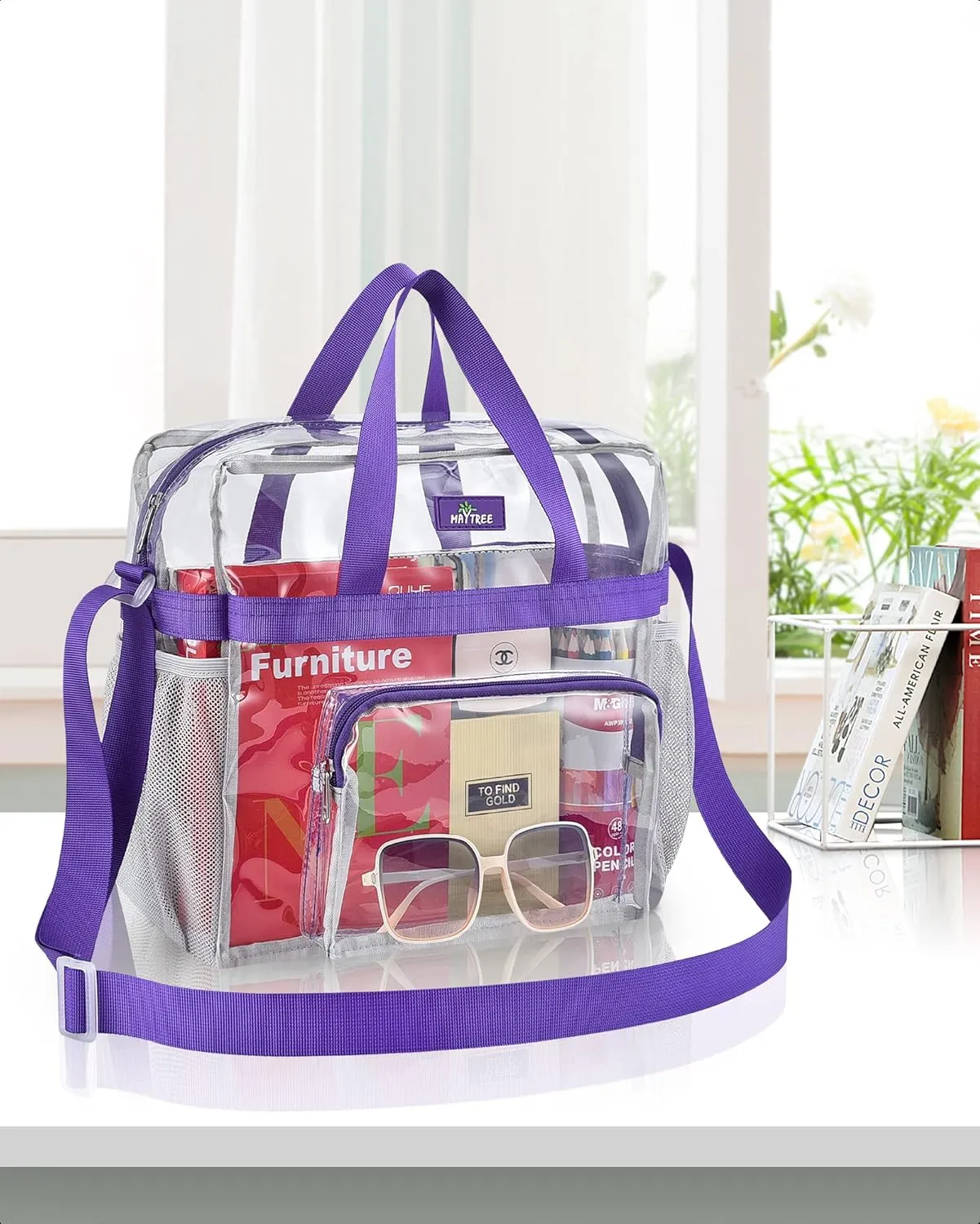 MAY TREE Clear Bag for Stadium Events 12×6×12 Clear Tote Lunch Bag with Reinforced Straps for Work and Sporting Events, Purple