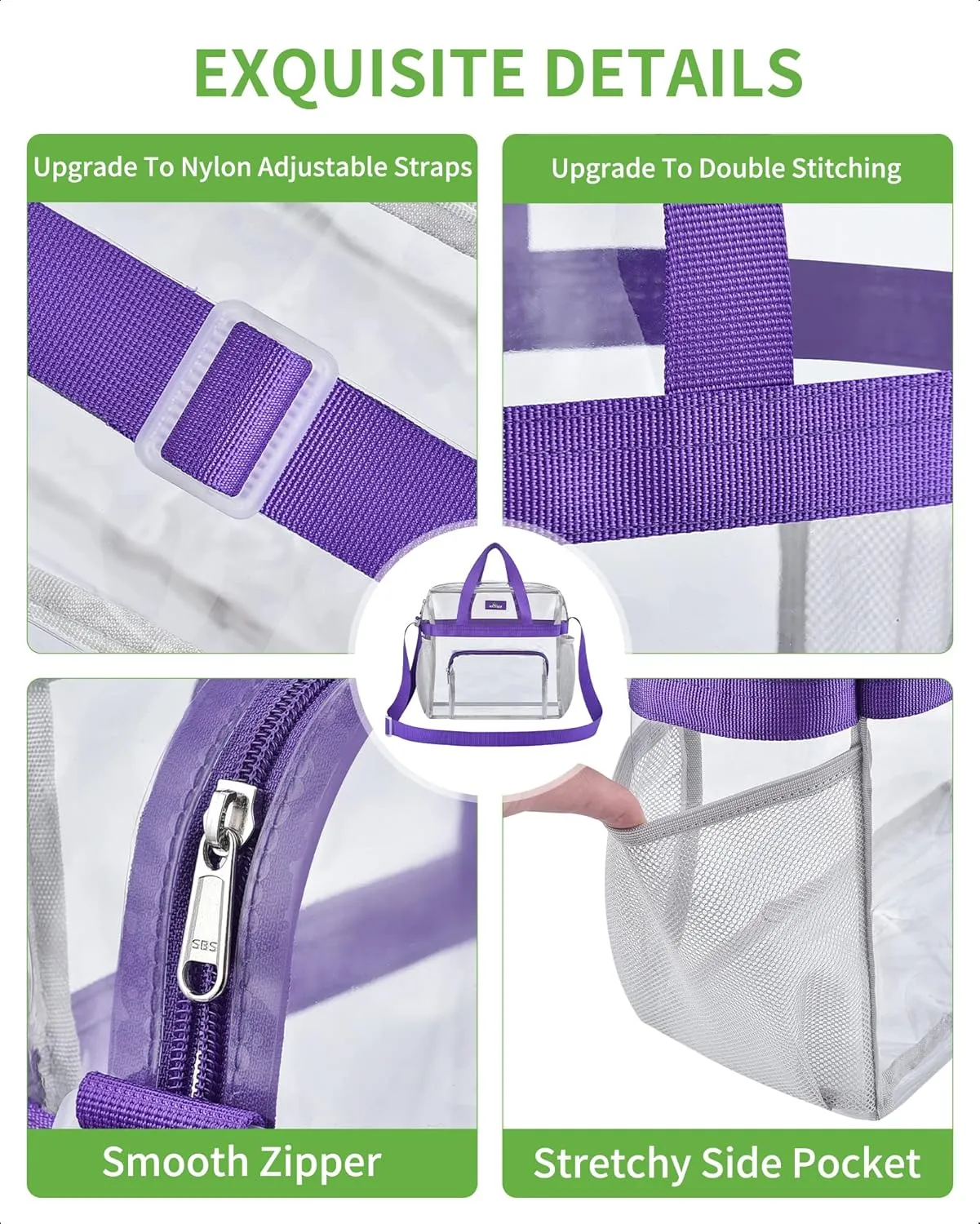 MAY TREE Clear Bag for Stadium Events 12×6×12 Clear Tote Lunch Bag with Reinforced Straps for Work and Sporting Events, Purple