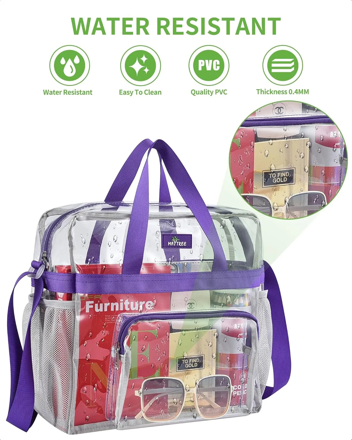 MAY TREE Clear Bag for Stadium Events 12×6×12 Clear Tote Lunch Bag with Reinforced Straps for Work and Sporting Events, Purple