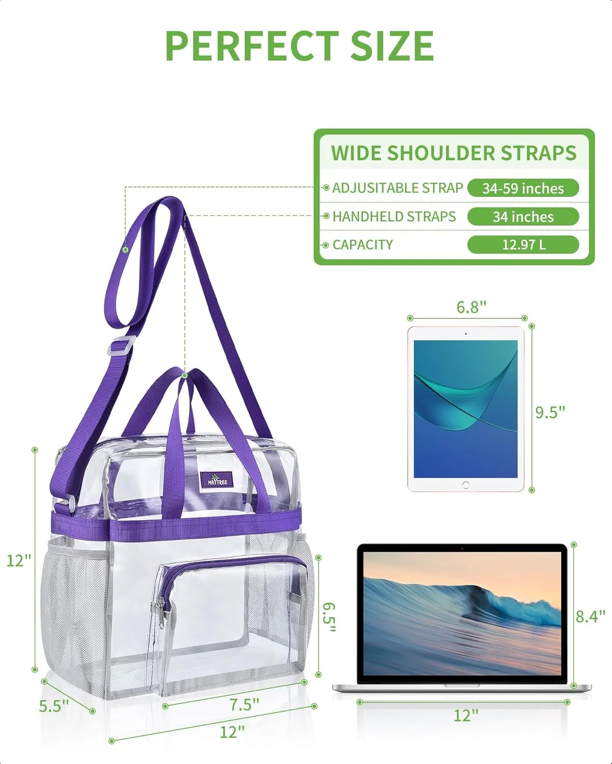MAY TREE Clear Bag for Stadium Events 12×6×12 Clear Tote Lunch Bag with Reinforced Straps for Work and Sporting Events, Purple