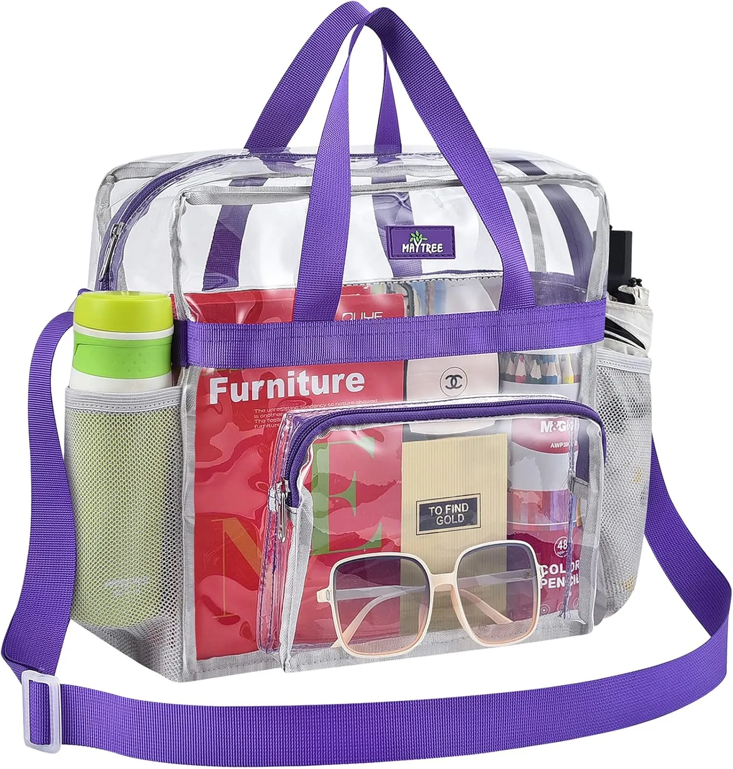 MAY TREE Clear Bag for Stadium Events 12×6×12 Clear Tote Lunch Bag with Reinforced Straps for Work and Sporting Events, Purple