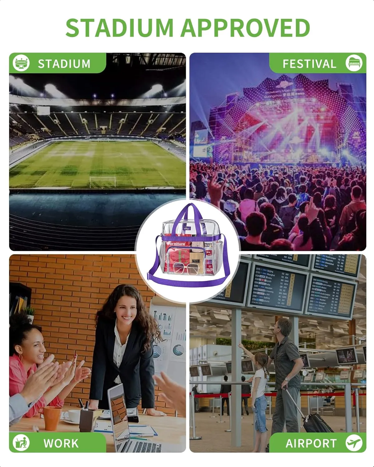 MAY TREE Clear Bag for Stadium Events 12×6×12 Clear Tote Lunch Bag with Reinforced Straps for Work and Sporting Events, Purple