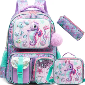 Meetbelify Backpacks for Girls Cute School Backpacks for Elementary Students Ages 8-10 Kids Aesthetic Travel Backpack Large Capacity Laptop Bookbag with Lunch Box 3 in 1 Backpack Set for Girls