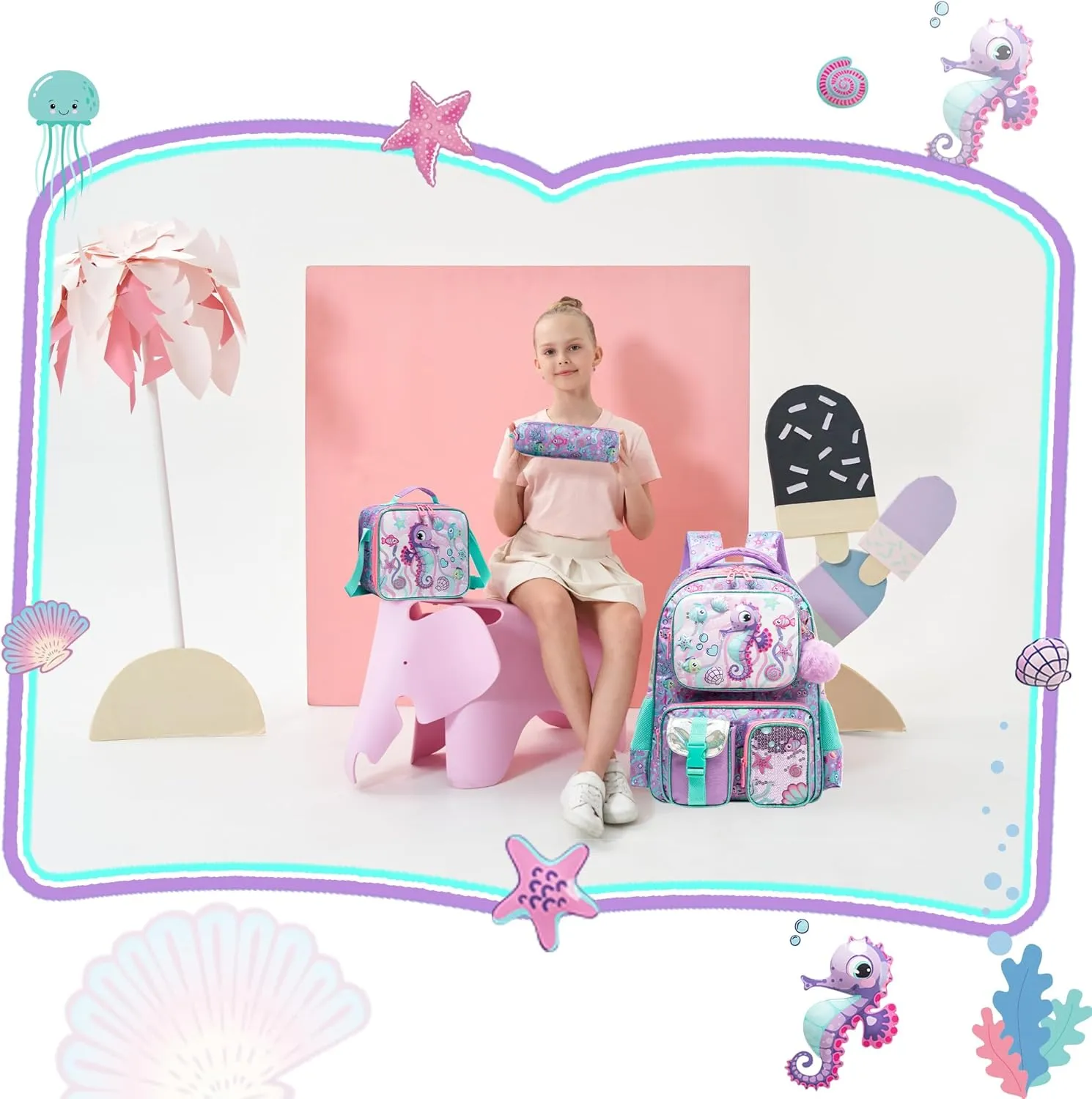 Meetbelify Backpacks for Girls Cute School Backpacks for Elementary Students Ages 8-10 Kids Aesthetic Travel Backpack Large Capacity Laptop Bookbag with Lunch Box 3 in 1 Backpack Set for Girls
