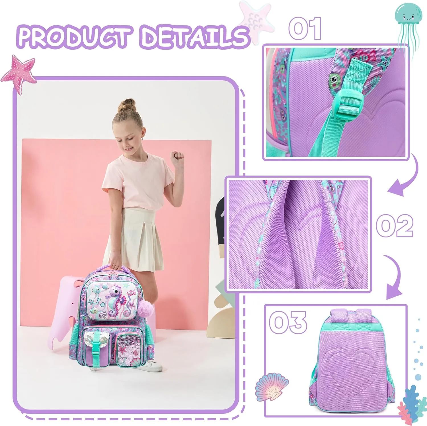 Meetbelify Backpacks for Girls Cute School Backpacks for Elementary Students Ages 8-10 Kids Aesthetic Travel Backpack Large Capacity Laptop Bookbag with Lunch Box 3 in 1 Backpack Set for Girls