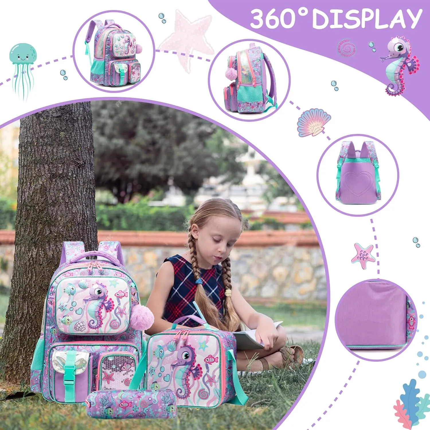 Meetbelify Backpacks for Girls Cute School Backpacks for Elementary Students Ages 8-10 Kids Aesthetic Travel Backpack Large Capacity Laptop Bookbag with Lunch Box 3 in 1 Backpack Set for Girls