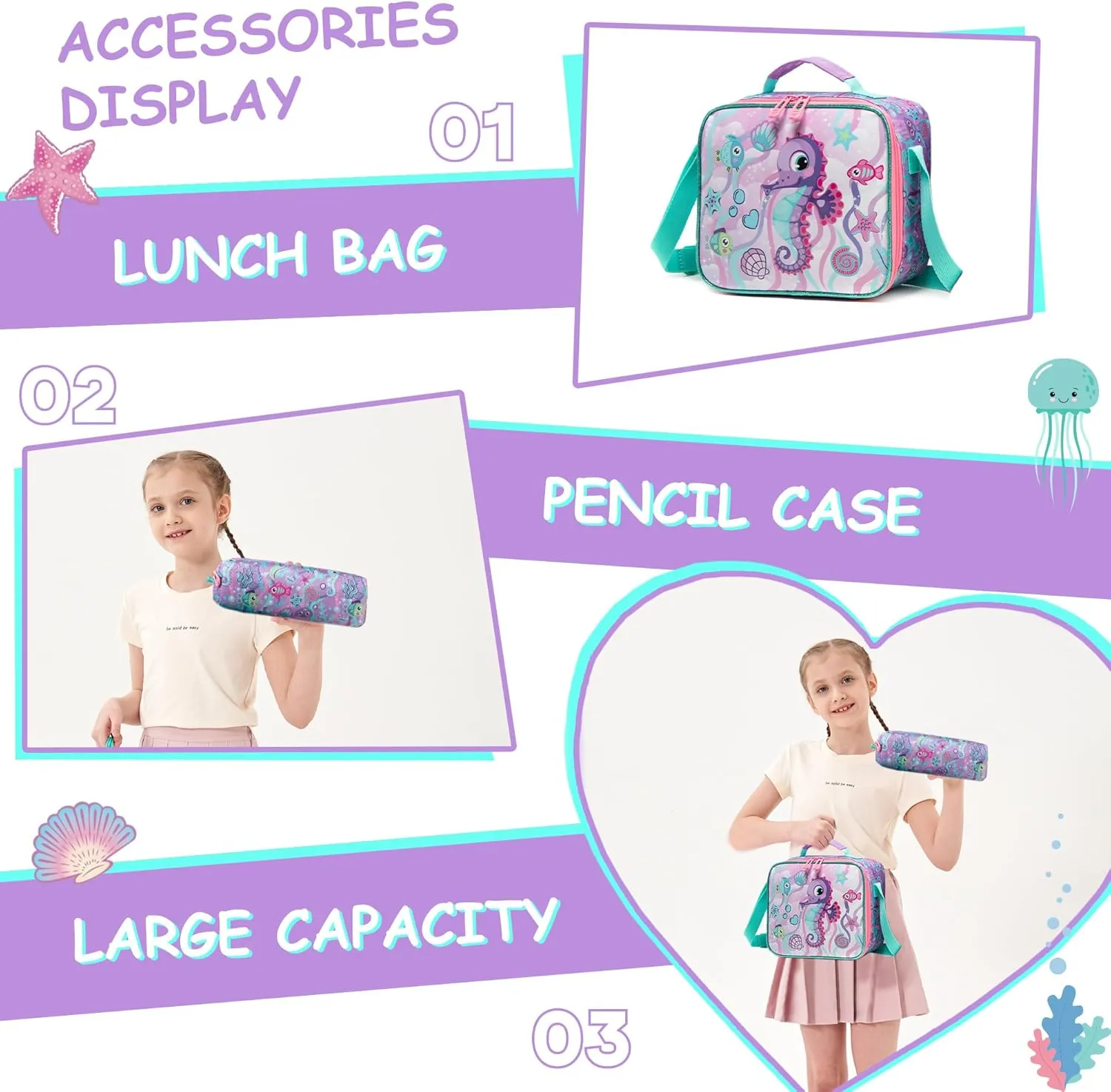 Meetbelify Backpacks for Girls Cute School Backpacks for Elementary Students Ages 8-10 Kids Aesthetic Travel Backpack Large Capacity Laptop Bookbag with Lunch Box 3 in 1 Backpack Set for Girls