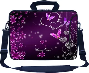 Meffort Inc Custom/Personalized Laptop Bag with Side Pocket & Shoulder Strap for Notebook Ultrabook Chromebook, Customized Your Name (17.3 Inch, Heart Butterflies A)
