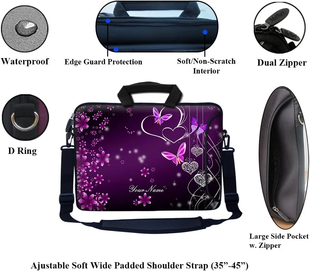 Meffort Inc Custom/Personalized Laptop Bag with Side Pocket & Shoulder Strap for Notebook Ultrabook Chromebook, Customized Your Name (17.3 Inch, Heart Butterflies A)