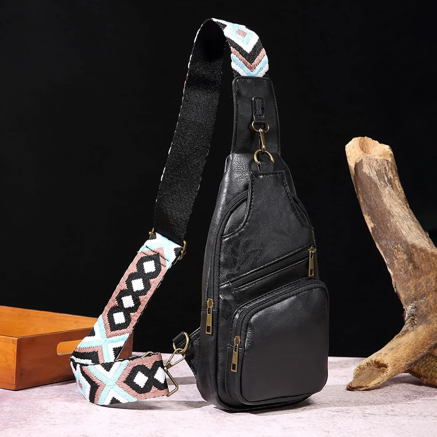 Messenger Briefcase Women Versatile Solid Color PU Ethnic Woven Strap Crossbody Bag Chest Bag
