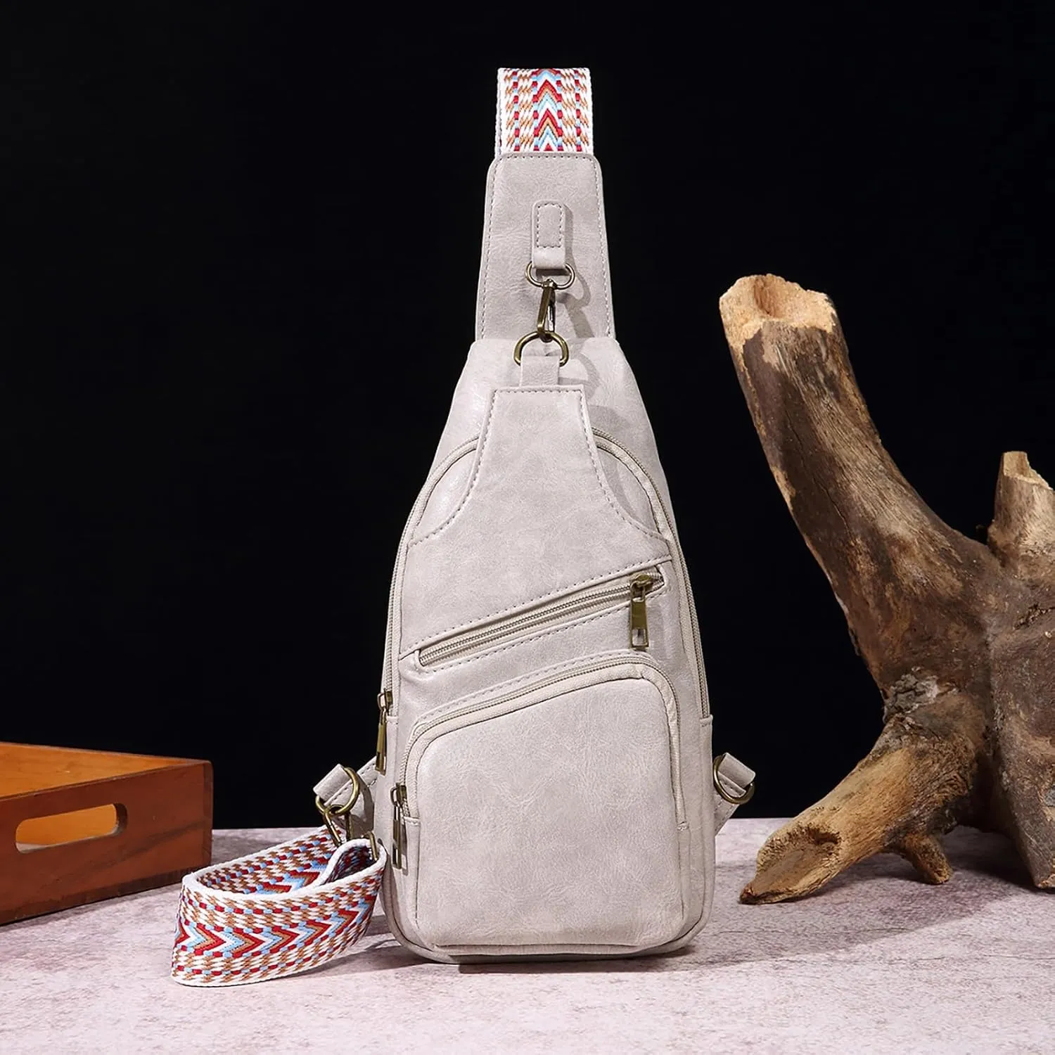 Messenger Briefcase Women Versatile Solid Color PU Ethnic Woven Strap Crossbody Bag Chest Bag