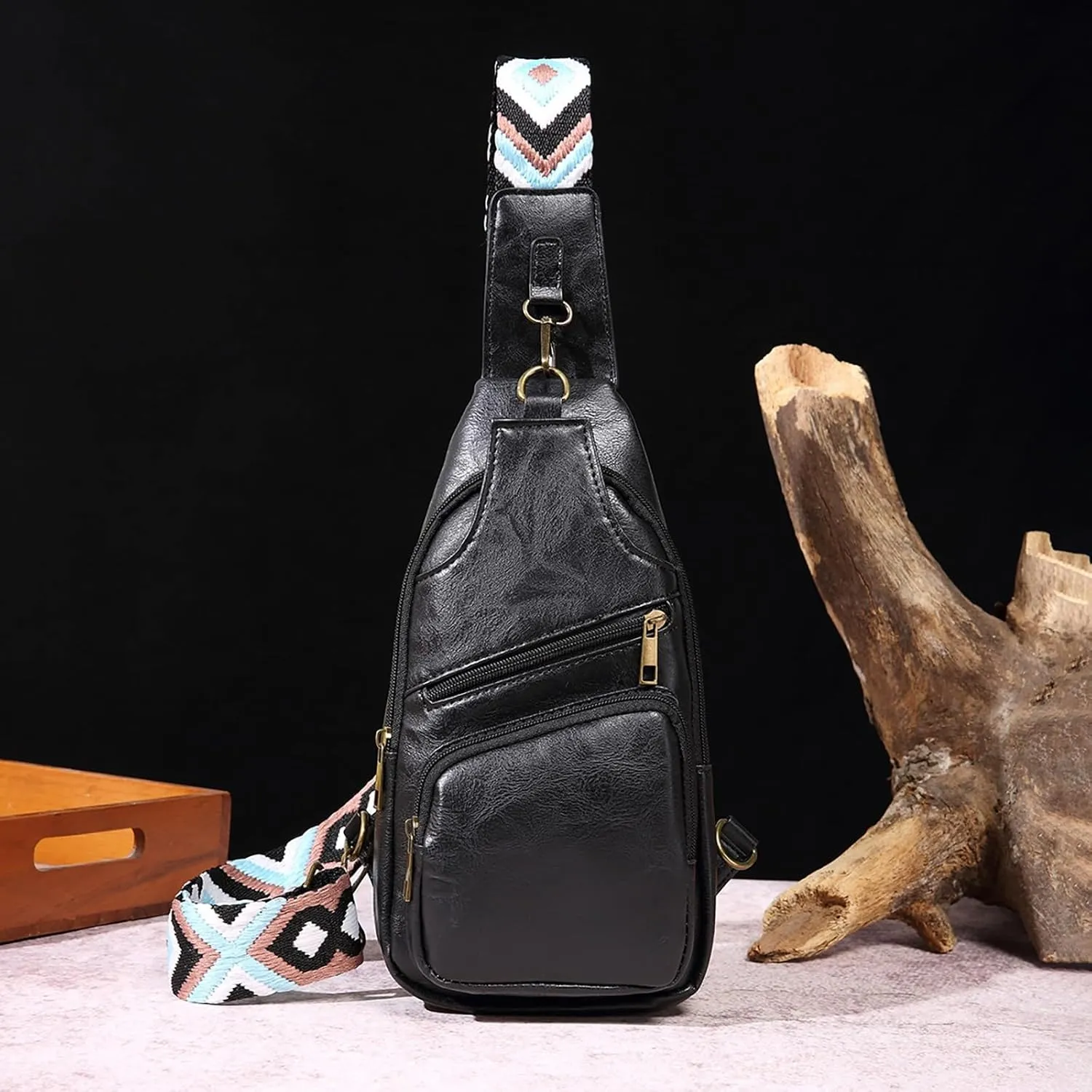 Messenger Briefcase Women Versatile Solid Color PU Ethnic Woven Strap Crossbody Bag Chest Bag
