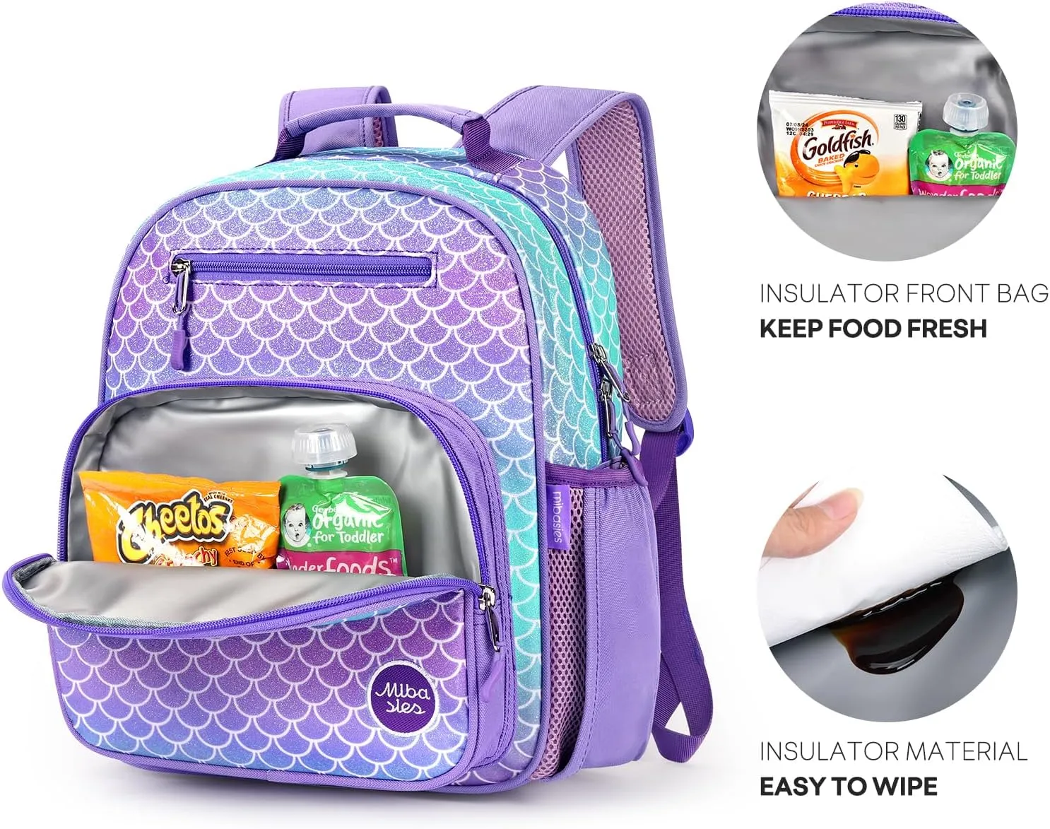 mibasies Girls Backpack 5-8: Glitter Kids Backpacks for Girls - Girl Bookbag for Elementary School - Fish Scale Purple