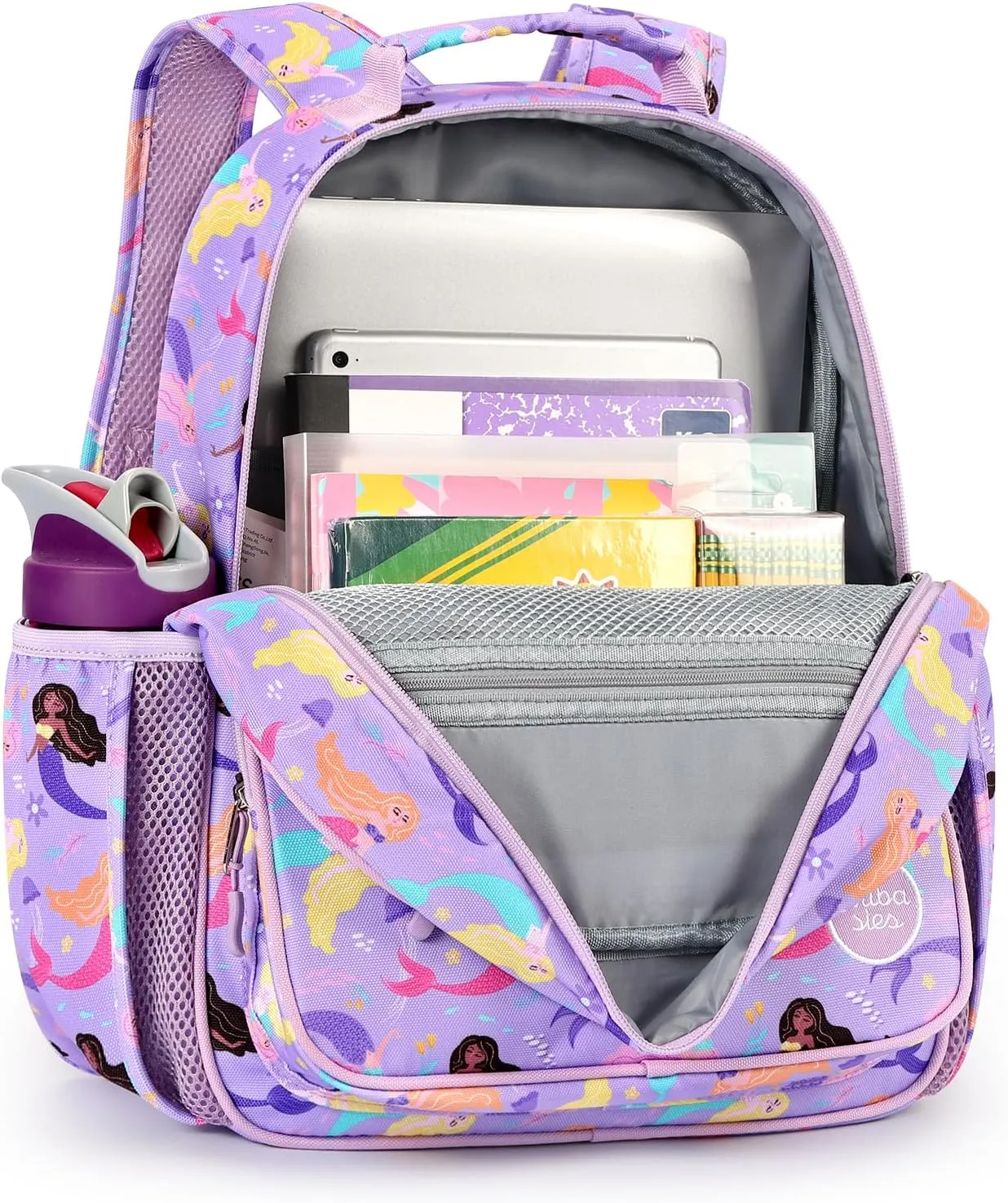 mibasies Kids Backpack for Girls: Girls Backpack 5-8 - Kindergarten Elementary School Bookbag for Girl - Mermaid Purple