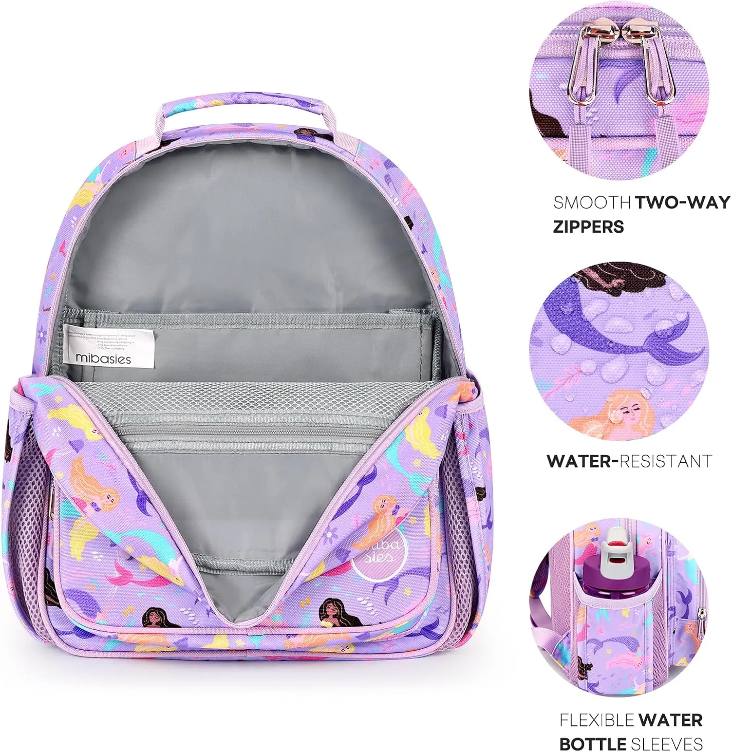 mibasies Kids Backpack for Girls: Girls Backpack 5-8 - Kindergarten Elementary School Bookbag for Girl - Mermaid Purple