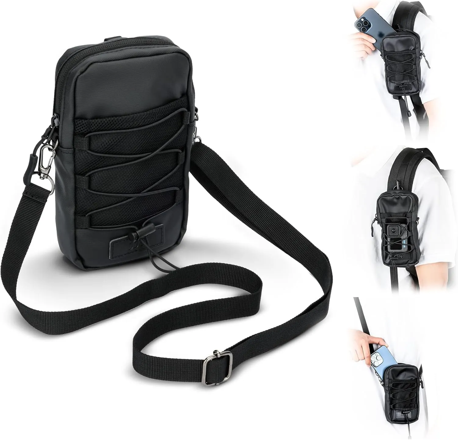 Military Backpack Shoulder Strap Pouch Holder,Tactical Phone Carrying Pouch Crossbody Holsters Bag for iPhone 16 15,Backpack Mount Bag for Phone GoPro Hero13 12 DJI Action 4 5 Pro Fits Hiking Climbing