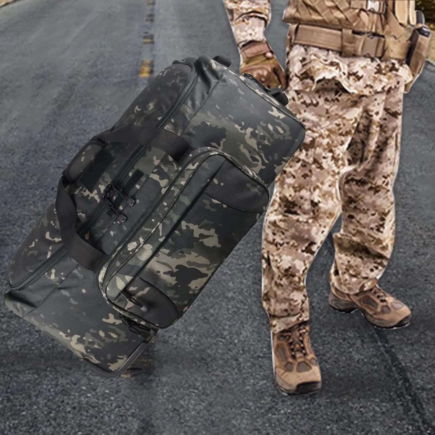 Military Wheeled Deployment Bag Large Tactical Heavy Duty Duffel Bag for Camping Hiking (Black Camo)